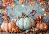 Pumpkins Orange Leaves Blue Wall Backdrop