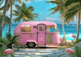 Pink Summer Beach Van Vacation Backdrop