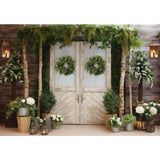 Allenjoy Greenery Spring Wooden Door Photography Backdrop Rustic Door Set Botanical Wedding Bridal Decorations Photoshoot Background