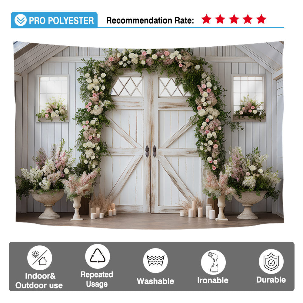 Allenjoy White Flower Barn Door Wedding Photography Backdrop Rustic Vintage Greenery Doorway Photoshoot Background