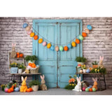 Allenjoy Colorful Easter Photo Booth Bunnies Eggs Turquoise Door Brick Wall Pot Plants Decor Photoshoot Background