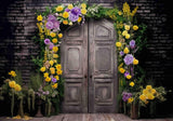 Spring Black Rustic Door Flowers Photography Backdrop