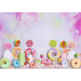 Allenjoy Colorful Sweets Donuts Photography Backdrop Lollipops Desserts Sweet Treats Photoshoot Background Studio Props