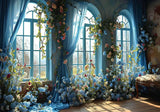 Blue Flower Curtain Window Room Backdrop