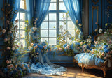 Blue Curtain Flowers Window Backdrop