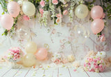 Pastel Pink Flowers Beige Balloons Backdrop
