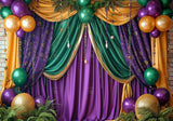 Mardi Gras Themed Drapery With Balloon Decor Backdrop