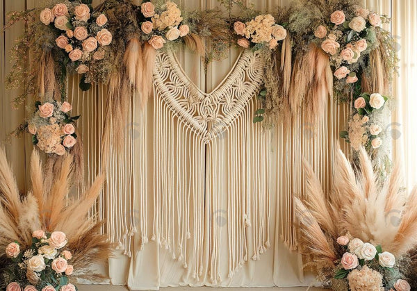 Macrame Backdrop With Boho Pampas Grass and Pink Roses – Allenjoy Studio