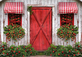 Red Barn Door With Strawberry Plants Backdrop