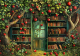 Library Filled With Books and Red Apples Backdrop