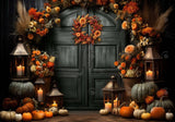 Retro Boho Black Autumn Pumpkin Door Backdrop