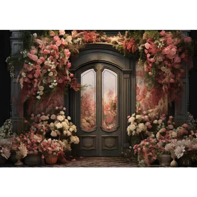 Allenjoy Floral Vintage Door Photography Backdrop Pink Flowers Pots Pa