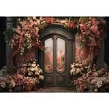 Allenjoy Floral Vintage Door Photography Backdrop Pink Flowers Pots Pastel Romantic Dreamscape Photoshoot Background