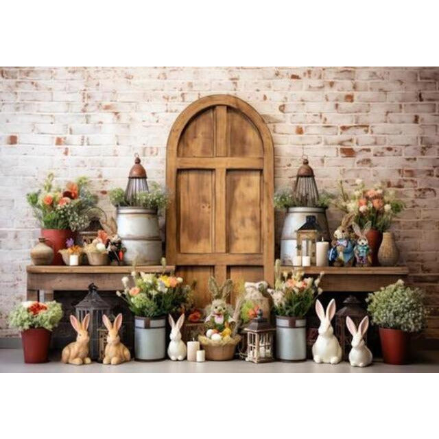 Allenjoy Easter Bunny Wooden Door Photography Backdrop Rabbits Flowers Decorations Photoshoot Background Crops