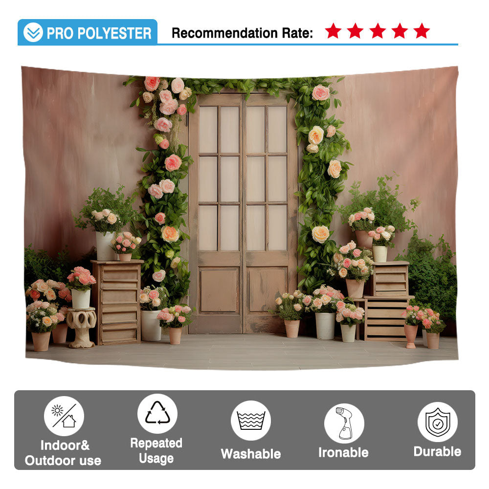 Allenjoy Spring Flower Wooden Door Photography Backdrop Elegant Barn Rustic Florals Wall Photo Props Background