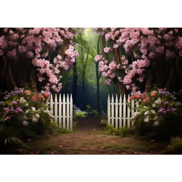 Allenjoy Floral Fairy Forest Photography Backdrop Pink Flowers Blossoms Wooden Fence Photoshoot Background