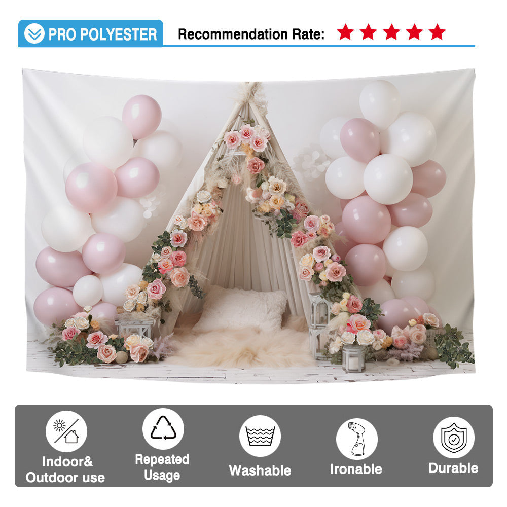 Allenjoy Flower Teepee Tent Photography Backdrop Pink White Balloon Camp Kid Birthday Cake Smash Portrait Photoshoot Background