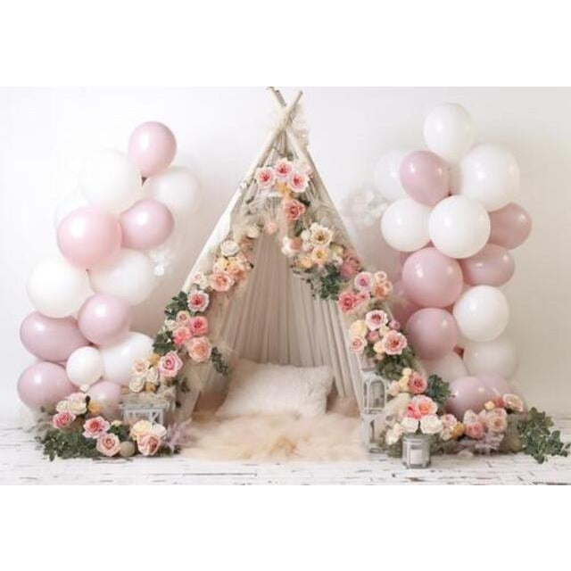 Allenjoy Flower Teepee Tent Photography Backdrop Pink White Balloon Camp Kid Birthday Cake Smash Portrait Photoshoot Background