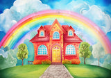 Cartoon Heart Rainbow House Backdrop