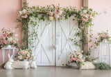 White Wooden Door Floral Bunny Backdrop