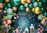 Teal Turquoise Golden Flower Balloons Backdrop