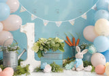 Spring Rabbit 1st Birthday Blue Backdrop