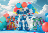 Cartoon Robot Colorful Balloons Backdrop