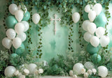 White and Green First Holy Communion Baptism Party Backdrop
