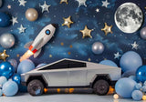 Cybertruck Rocket Moon Stars Blue Backdrop