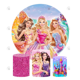 Allenjoy Barbie Theme Birthday Party Decoration Round Circle Backdrop Cover Plinth Cylinder Pedestal Cloth Cover