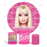 Allenjoy Barbie Doll Happy Birthday Party Decoration Round Circle Backdrop Cover Plinth Cylinder Pedestal Cloth Cover