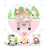 Allenjoy Pink Safari Animal Theme Birthday Baby Shower Party Decoration Round Circle Backdrop Cover Plinth Cylinder Pedestal Cover