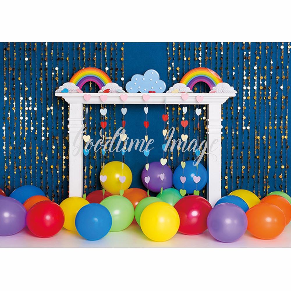Allenjoy Rainbow Cloud Blue Backdrop with Balloons for Children Birthday - Allenjoystudio
