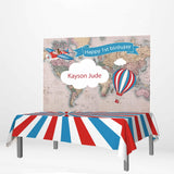 Allenjoy 1st Birthday Map Balloon Aircraft Backdrop Clolorful Stripe Tablecloth - Allenjoystudio