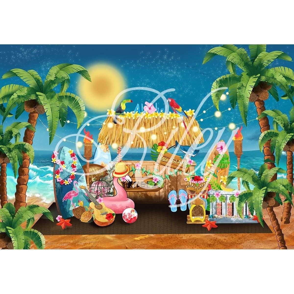 Allenjoy Aloha Luna Party Hawaiian Backdrop Flamingo Coconut Tree Surfboard Decor - Allenjoystudio