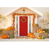 Allenjoy Pumpkin Haystack Potted White Wood House Backdrop for Thanksgiving Day