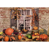 Allenjoy Autumn Pumpkin Window Brick Wall Outdoor Fall Photography Backdrop