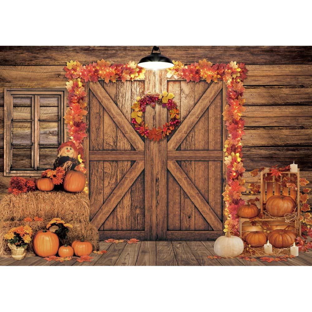 Allenjoy Autumn Barn Wooden House Pumpkins for Family Photography Backdrop - Allenjoystudio