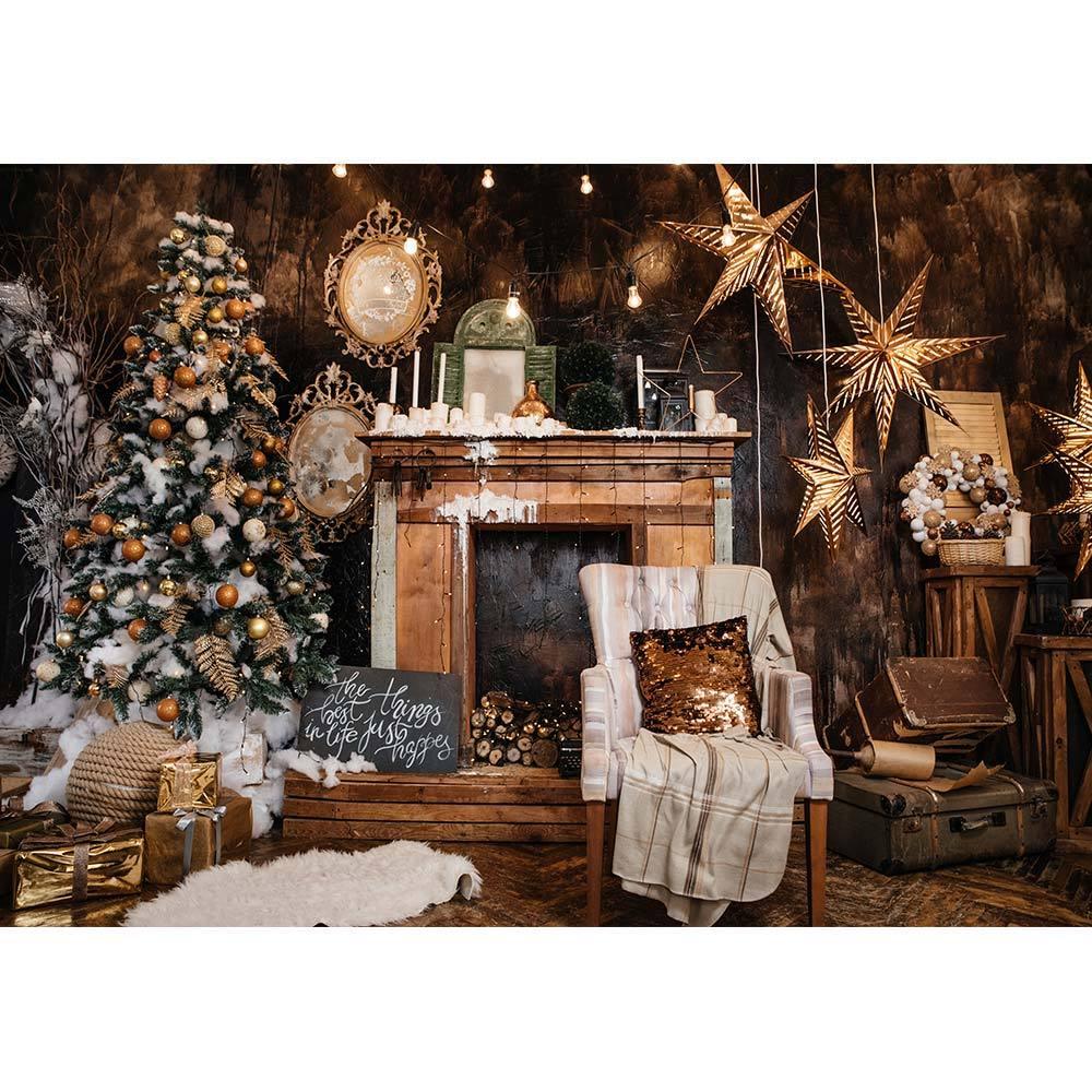 Allenjoy Christmas Tree Fireplace Wood Recliner Living Room Backdrop - Allenjoystudio
