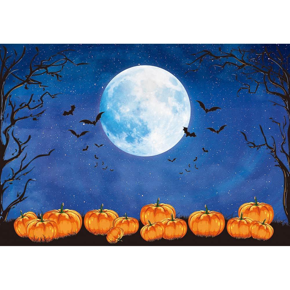 Allenjoy Halloween Starry Sky Fullmoon Bats Pumpkin Night Backdrop - Allenjoystudio