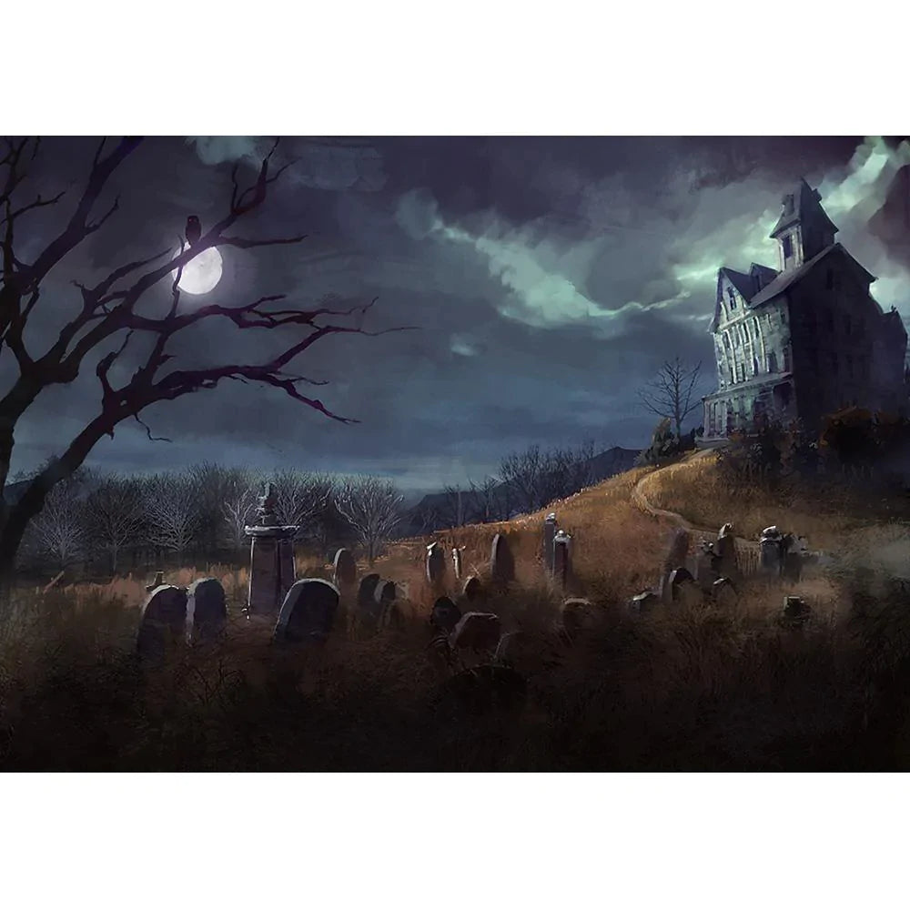 Allenjoy Halloween Graveyard and Castle under the Moon Dark Night Backdrop - Allenjoystudio
