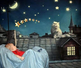 Allenjoy Backgound Children Story Roof Cat Moon and Star on Night Sky in Dream Backdrop