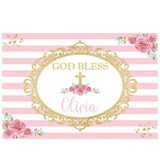 Allenjoy Pink and White Strips God Bless Custom Name Backdrop for Baptism