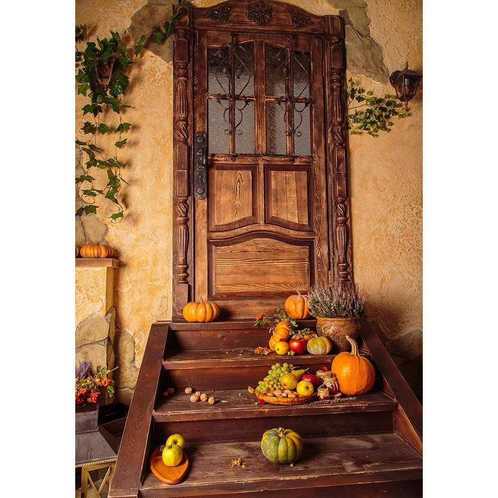 Allenjoy Autumn Pumpkins Fruits Wood Door Outside Photography Backdrop - Allenjoystudio