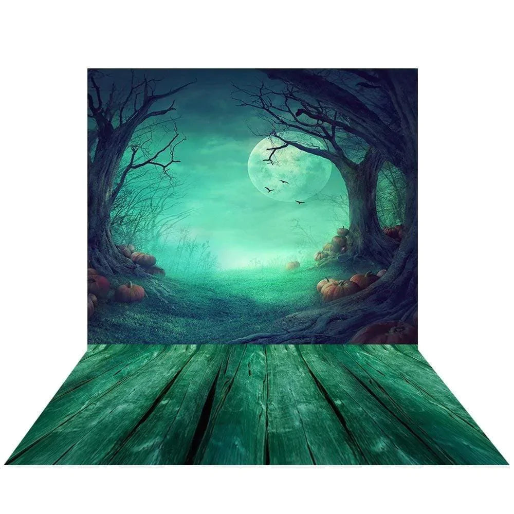 Allenjoy Halloween Night Moon Foggy Forest Wood Floor Green Backdrop - Allenjoystudio