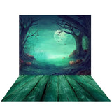 Allenjoy Halloween Night Moon Foggy Forest Wood Floor Green Backdrop