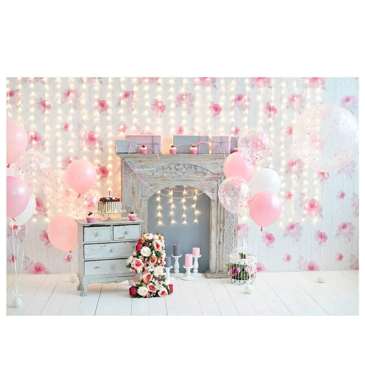 Allenjoy Fireplace Pink Balloons Floral Boken Backdrop - Allenjoystudio