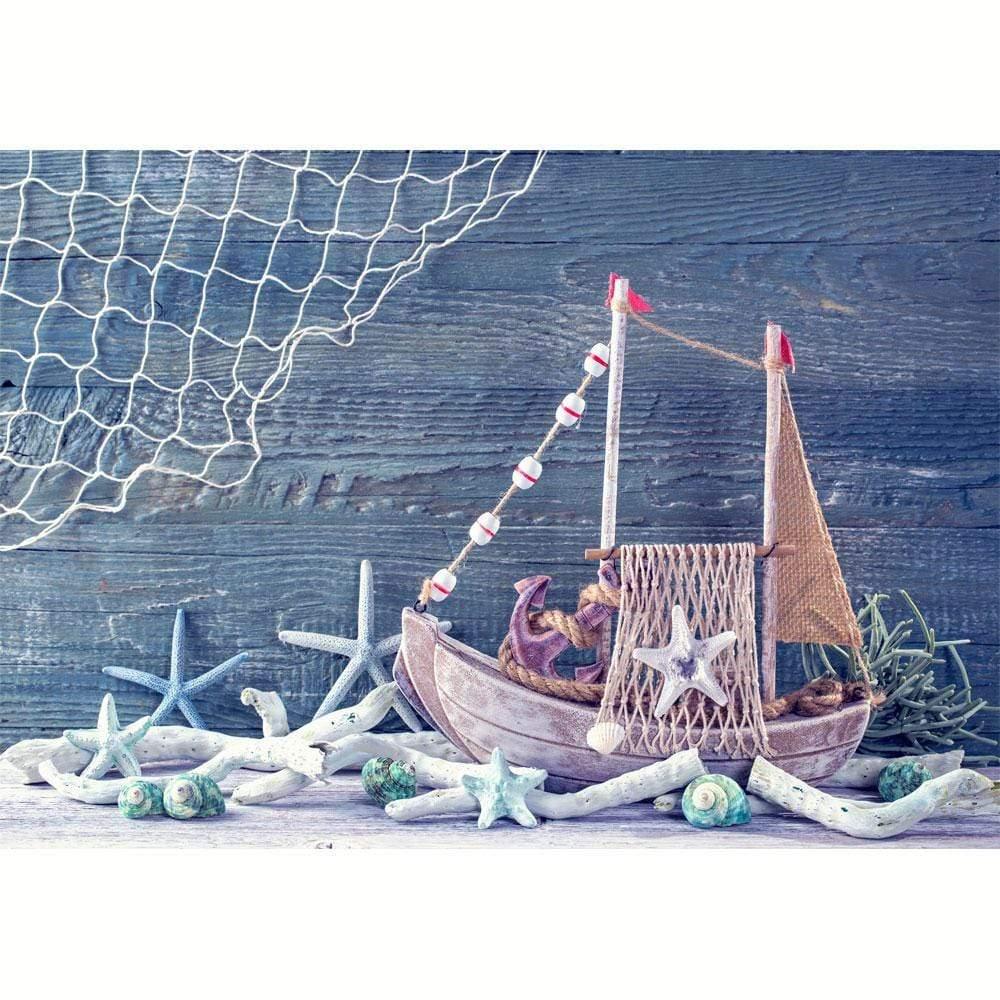 Allenjoy Blue Wooden Bord Boat Starfish Summer Backdrop - Allenjoystudio