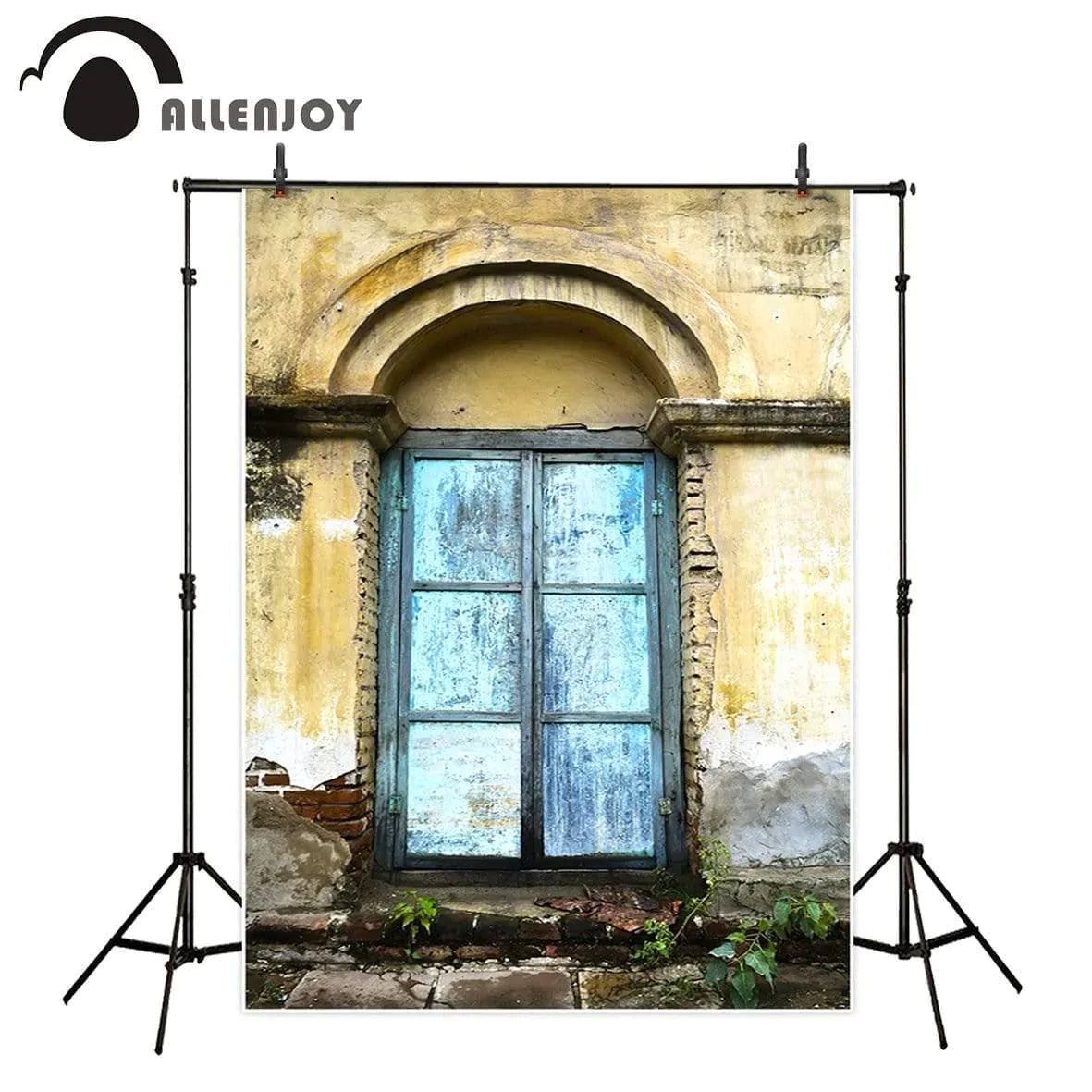 Allenjoy Blue Wooden Window Photography Backdrop Yellow Loess Mud Wall Photography Studio - Allenjoystudio