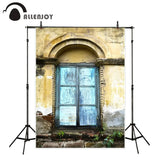 Allenjoy Blue Wooden Window Photography Backdrop Yellow Loess Mud Wall Photography Studio